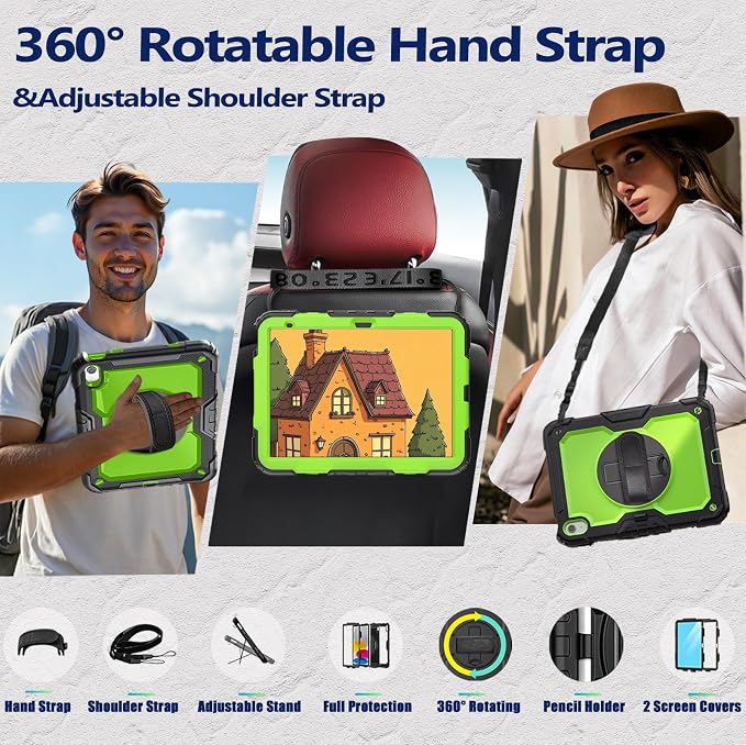 Weuiean Case for iPad A16 11th/10th Generation 11/10.9 Military-Grade Heavy-Duty Shockproof Cover with 360° Rotating Stand Built-in Pencil Holder &amp Adjustable Hand/Shoulder Strap - Black