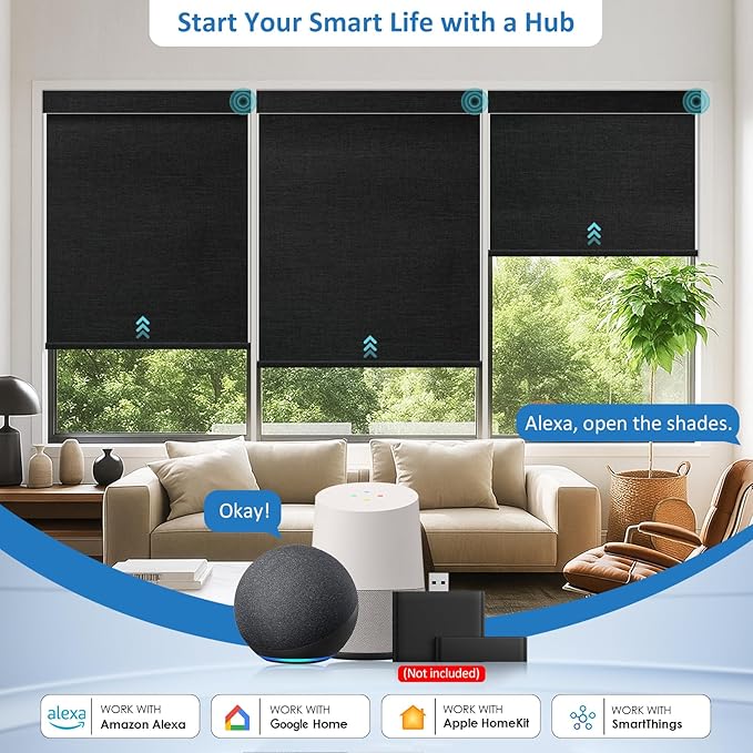 MANSNIX Smart Motorized Blinds with Remote, Cordless No-Drill Automatic Roller Shades, Blackout Electric Blind for Windows, Black, 36 x 72