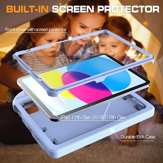 Kids Case for iPad (A16) 11th Generation 11 Inch 2025/iPad 10th Generation 10.9 Inch 2022 with Screen Protector and Pencil Holder Shockproof Handle Stand Cover for iPad 11/10 Gen Blue