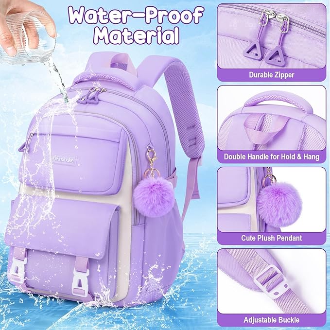 Fimibuke Backpacks for Girls, 3 PCS Waterproof School Backpack with Lunch Box, Pencil Pouch Set for Kids Teens Girls, Cute Bookbag School Bag for Elementary Middle High School Student Ages 6+(Purple)