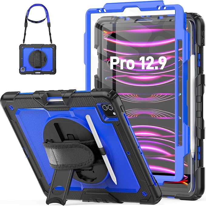 HXCASEAC Case for iPad Pro 12.9 Case (6th 5th 4th 3rd Generation) Shockproof Design | Pencil Holder | Hand Strap | Screen Protector | Heavy Duty Protective iPad 12.9 inch 2022/2021/2020/2018 - Black