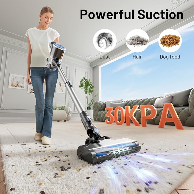 VIPSUN Cordless Vacuum Cleaner with Self-Standing, LED Screen Stick Vacuum Cleaners for Home, Lightweight Powerful Suction Vacuum, 6-in-1 Rechargeable Vacuum for Carpets, Pet Hair, Hardwood Floors