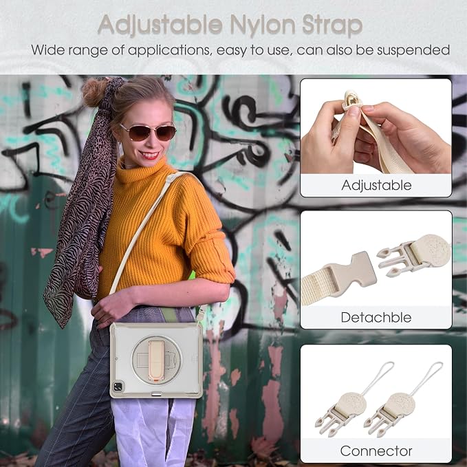 BRAECNstock Full-Body Case for iPad Air 13/Pro 12.9(3-6th)Khaki | Drop-Proof Case with Pencil Holder &amp Screen Protector | 360° Stand for Hands-Free Travel Strap | DIY-Friendly Frosted Back