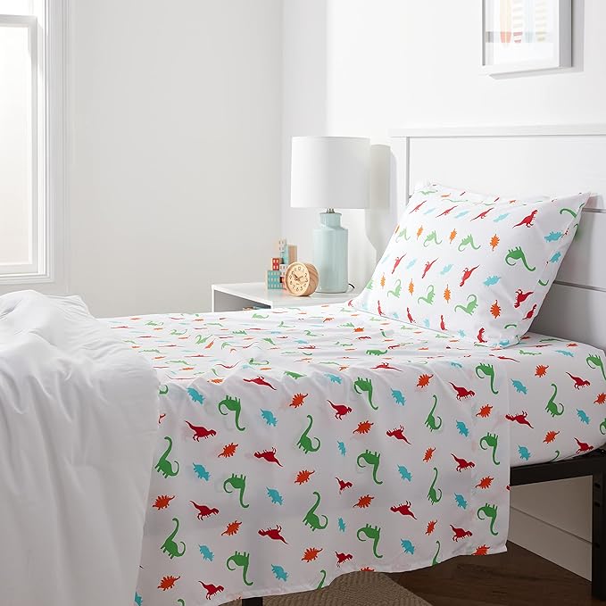 Amazon Basics Kid's Soft Easy-Wash Lightweight Microfiber 3-Piece Sheet Set, Twin, Multi-Color Dinosaurs, Animal Print