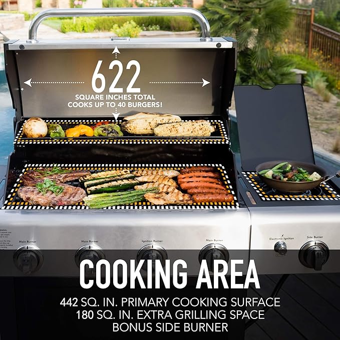Kenmore 4-Burner Gas Grill with Side Burner, Outdoor BBQ Grill, Propane Gas Grill, Cast Iron Cooking Grates, Electronic Ignition, Warming Rack, Open Cart Design, 53000 BTUs, Stainless Steel and Black