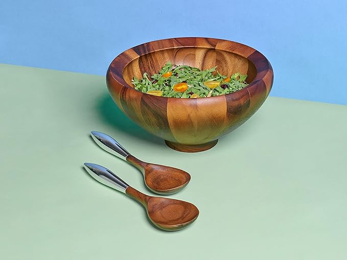 Nambé Yaro Salad Bowl Set – 14" Acacia Wood Bowl with Alloy-Accent Servers, Smooth Sculpted Design & 4 QT Capacity – Elegant Tableware for Serving Salads, Meals & Entertaining Guests