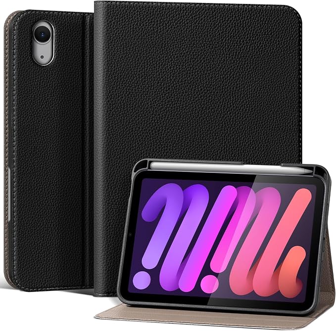 Case for iPad Mini7(A17 Pro) 2024/6th 2021 8.3 with Pencil Holder | Leather Protective Shockproof Smart Cover Adjustable Stand Auto Wake/Sleep Multiple View Angles Black