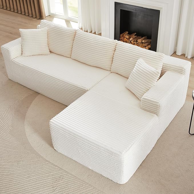 Modular Cloud Sectional Couch with L-Shape Chaise,Modern Upholstered Couches with Deep Seat,Corduroy Sponge Compressed Sofa for Living Room, Bedroom,No Assembly Required(Off White)