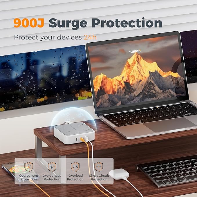 TESSAN Surge Protector Power Strip with 3 USB (2 USB C) 4 Outlets, Flat Plug Extension Cord 5 Ft, 900J Surge Protection, Multiple Charging Station with Power Switch for Home, Office, Dorm Room, Gray