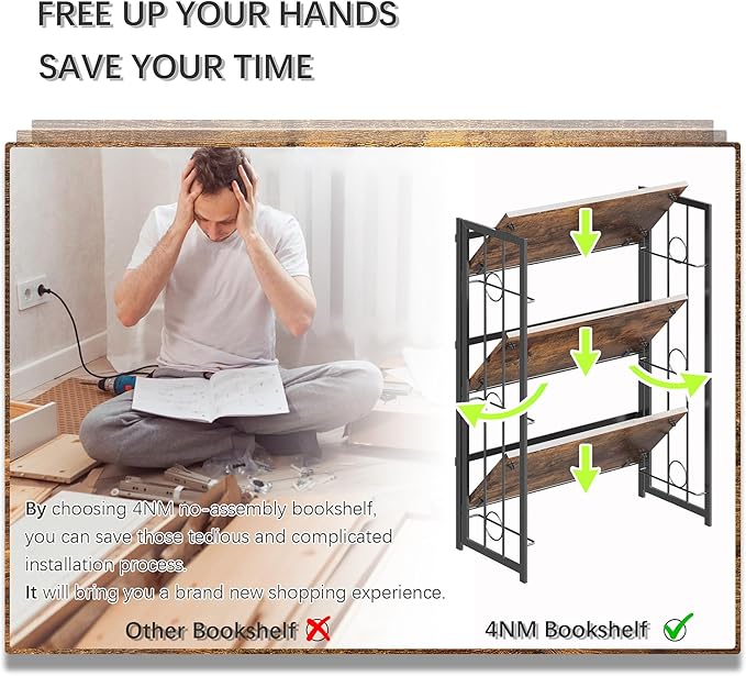 4NM No Assembly 3 Tiers Folding Bookshelf, 35" H Foldable Storage Shelves Vintage Bookcase Standing Racks Study Organizer Home Office - Rustic Brown Black