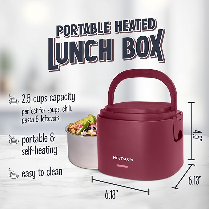 Nostalgia 20-Oz Heated Electric Lunch Box – Portable Food Warmer for Office, Travel, & Car - Perfect for Soup, Pasta, & Light Meals– Leak-Proof Lid, Foldable Handle, Detachable Cord – Cranberry