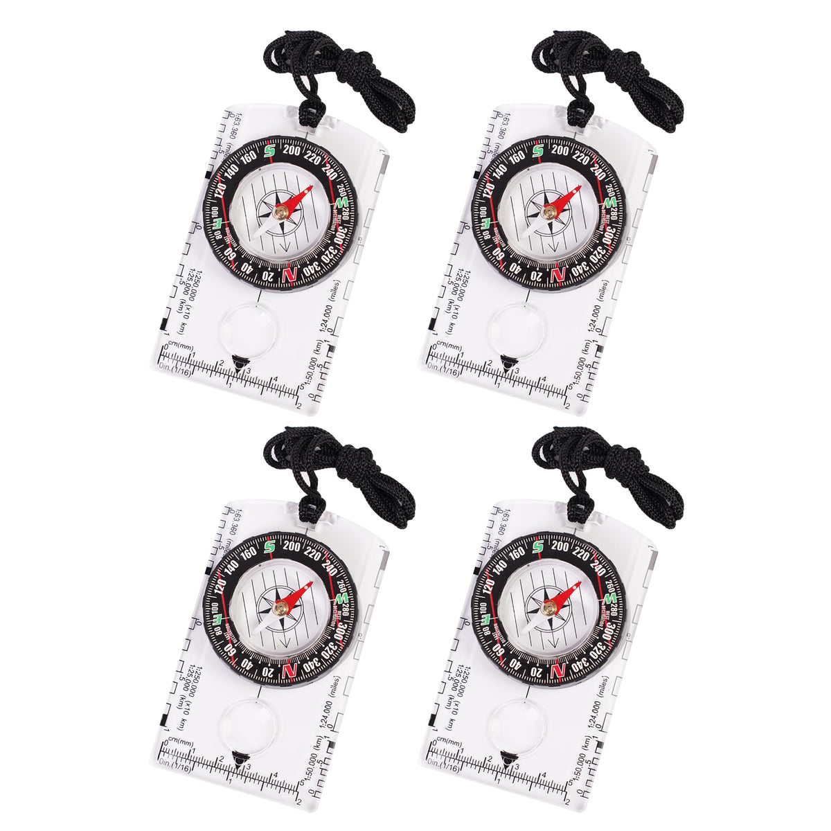 4 Pcs Outdoor Compass with Adjustable Declination,Magnifier,Ruler,Scale. Multifunctional Orienteering Waterproof Compass for Map Reading, Navigation, Hiking (4 Pack Transparent)