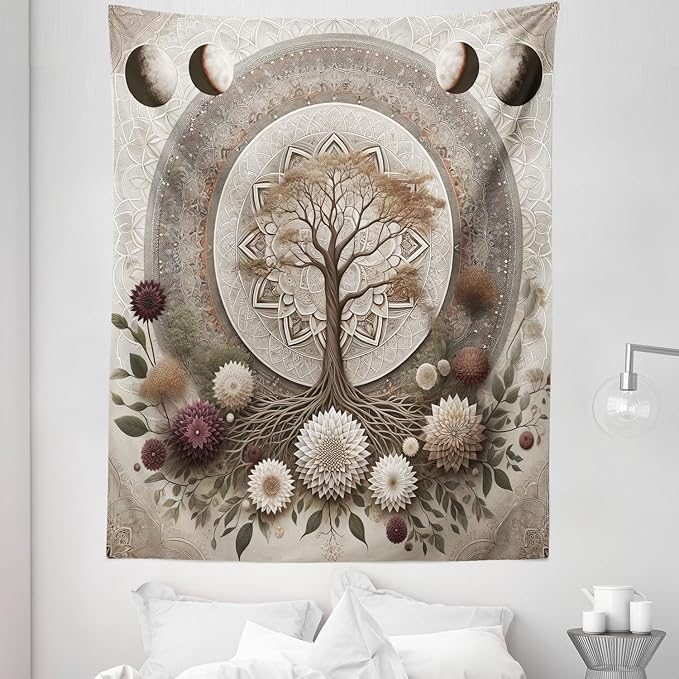 Ambesonne Moon Tapestry Twin Size, Ethno Mandal Featuring Gentle Vines of Tree of Life and Flowers Boho Luna, Wall Hanging Bedspread Bed Cover Wall Decor, 68" X 88", Pale Mustard Eggplant