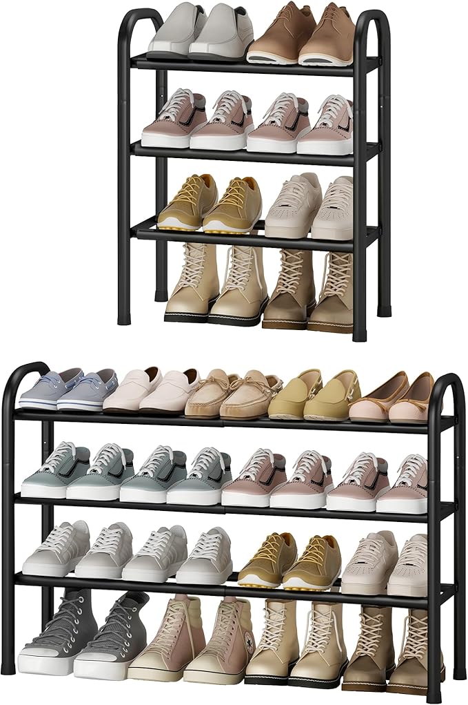 STO STO Expandable Shoe Rack, 3-Tier Metal Small Shoe Rack for Closet, Up to 16 Pairs Adjustable Shoes Racks Storage for Front Door Entrance, Free Standing Shoes Rack Organizer for Entryway, Black