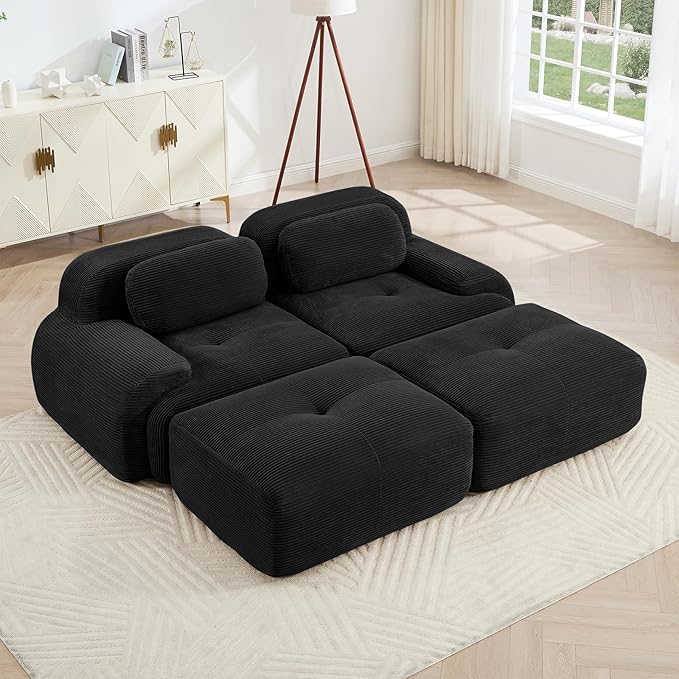 80" Modern Compressed Boneless Love Seat Couches with 2 Ottomans, 2 Seater Large Sectional Couches for Living Room, Black Corduroy Cloud Modular Sectional Sofa, Memory Foam, Deep Loveseat, No Assembly