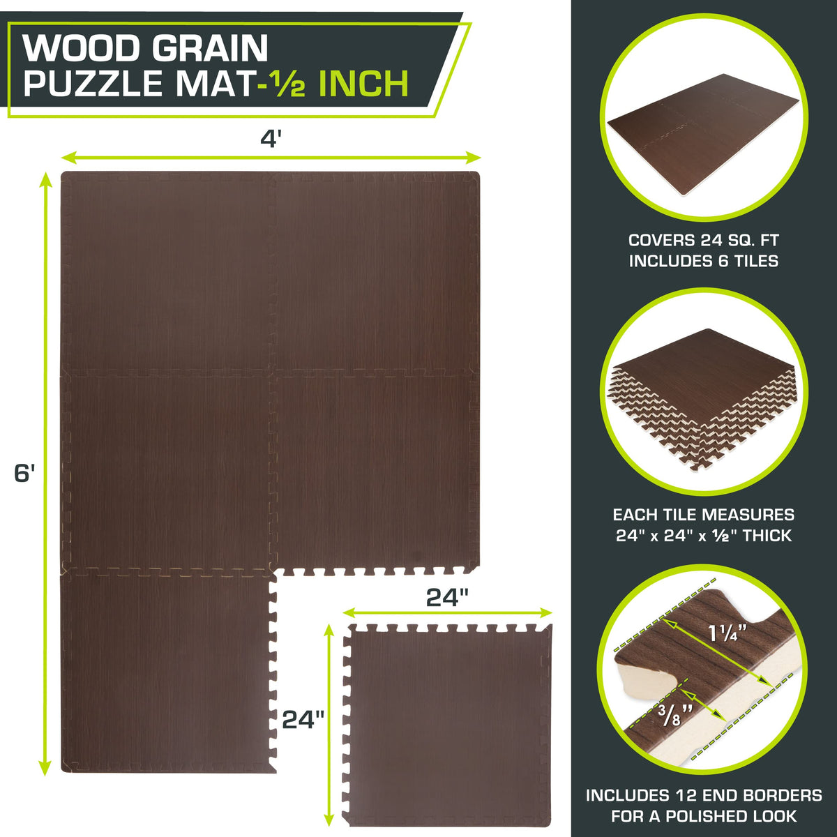 ProsourceFit Wood Grain Puzzle Mat ½-inch, 6 EVA Foam Interlocking Floor Tiles (24 SQ FT) for Secure Indoor Gym Flooring, Office Spaces, Living Rooms, and Play Areas, Dark Walnut