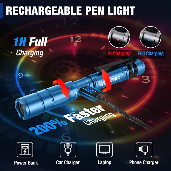 WORKPRO Rechargeable Pen Light 2 Pack Ultra-Compact EDC Flashlight Black | Mini Flashlight Pocket Flashlight with Clip Memory Function and 2 x USB C Cable Included