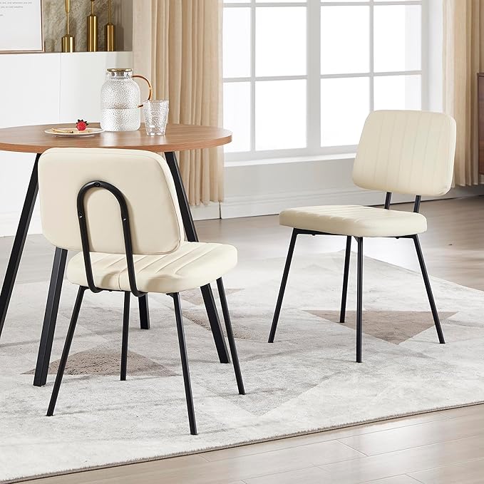Dining Chairs Set of 2, Faux Leather Upholstered Dining Chairs, Mid Century Modern Kitchen Dining Room Accent Chairs with Curved Backrest and Steel Frame for Living Room, Vanity - White