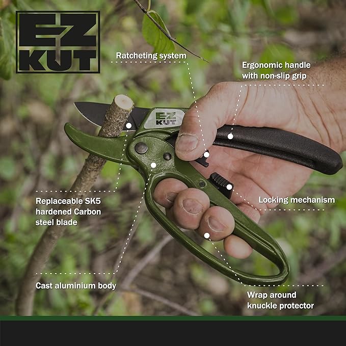 EZ Kut Heavy Duty Pruning Shears Green - with Ratcheting Action Great Garden Hand Tool Clippers Gardening pruners arthritis tools Ratcheting Anvil Hand Pruner Pruning Shears Heavy Duty Since 1988