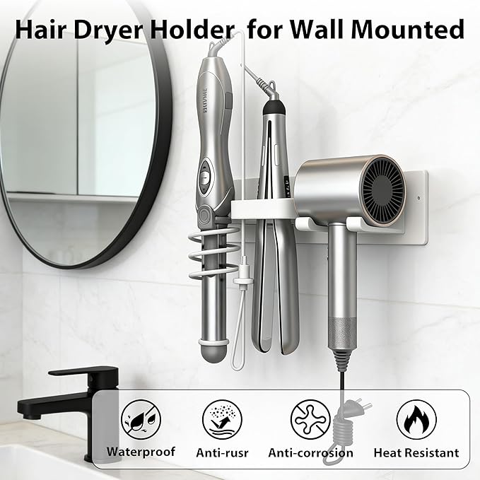 Dovyn Blow Dryer Holder Wall Mount, 3 in 1 Bathroom Hair Tool Organizer with Curling Iron Holder & Flat Iron Holder, Universal Hair Dryer Holder Rack Storage White