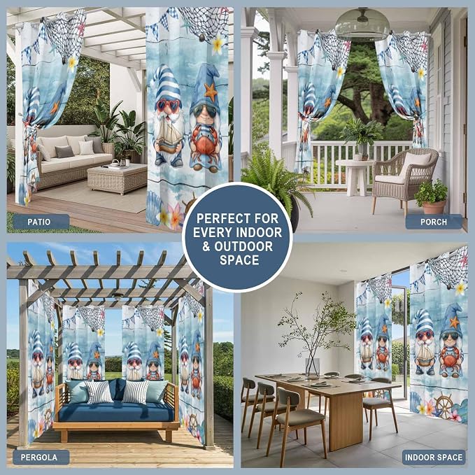 Ocean Gnome Outdoor Curtains for Patio Summer Marine Plumeria Shell Wood Blue