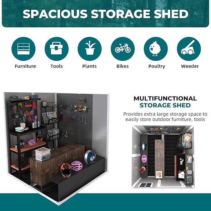 6x6 FT Outdoor Storage Resin Shed with Floor, Plastic Garden Tool Shed with Sloped Roof, Lockable Door & Windows, Easy to Assemble Bike Shed for Lawn, Backyard, Patio, White