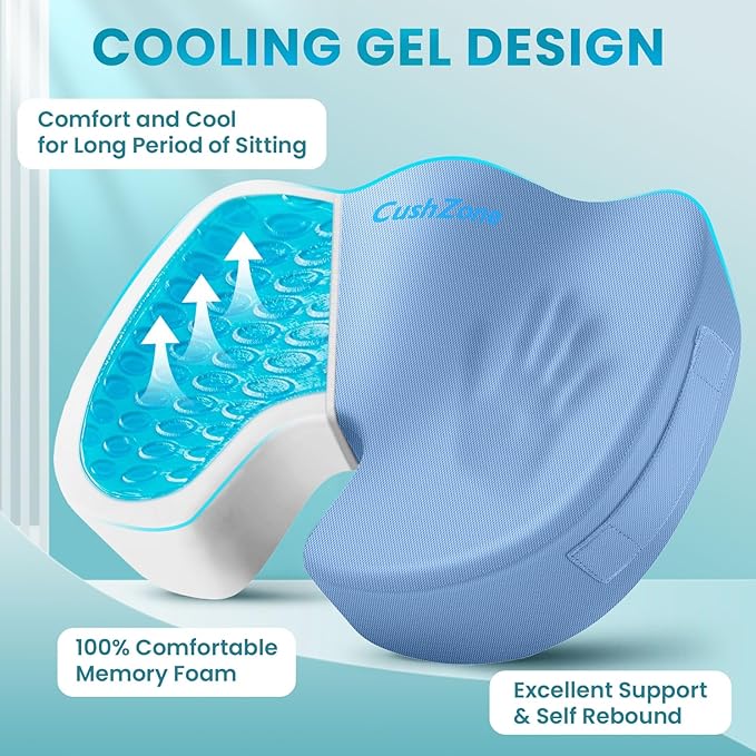 Office Chair Seat Cushion, Cooling Gel Enhanced Memory Foam Cushion for Long Sitting - Back, Sciatica, Coccyx, Tailbone Pain Relief Pillow - for Office, Gaming, Car, Wheelchair - Light Blue, X-Large