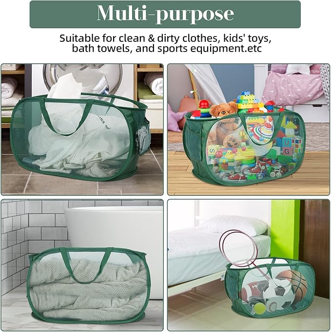 Sturdy Mesh Pop Up Laundry Hamper, Collapsible Laundry Baskets with Side Pocket, Foldable Clothes Hamper with Reinforced Carry Handles for Laundry, Bathroom, Kids Room, Dorm or Travel 2 Pack Emerald