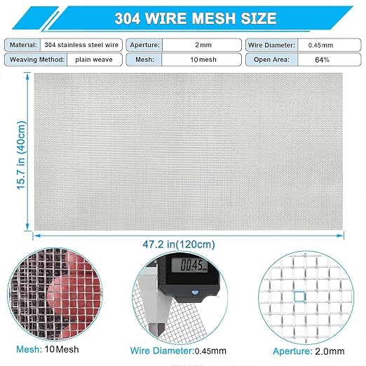 Stainless Steel Mesh Screen 10Mesh 304, 15.7" x 47.2" Metal Mesh Screen