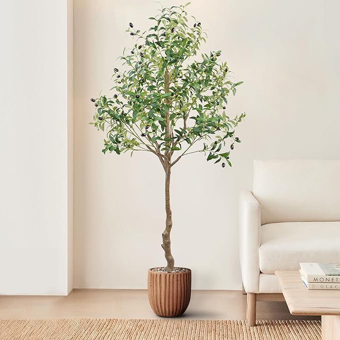 ANTING Artificial Olive Tree, 6FT Tall Faux Olive Tree with Pot, 72in Artificial Plants Indoor Silk Plants with Realistic Trunk,1150 Leaves and Lifelike 44 Fruits for Home Office Decor Outdoor（1pack）