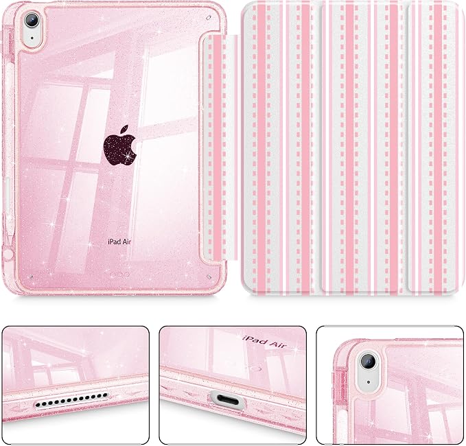 for iPad Air 11 inch M4/M3/M2 (2026/2025/2024) iPad Air 5th/4th Gen (2022/2020) 10.9 inch with Pencil Holder Glitter Clear Pretevtive Cover Auto Wake/Sleep Black Cartoon Stickers