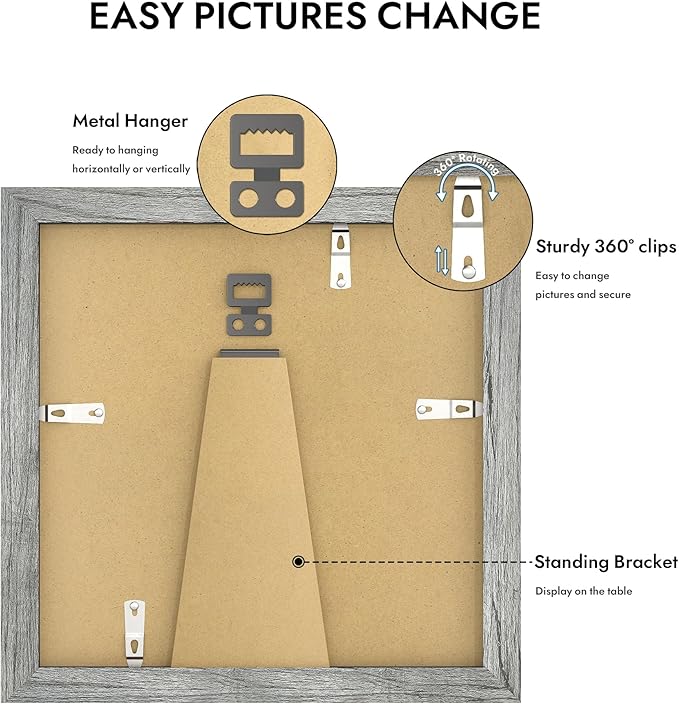 8x8 Picture Frame with Glass, Display Pictures 6x6 with Mat or 8 x 8 without Mat - Wall and Tabletop, 8 by 8 Photo Wooden Frames (Grey, 1 Pack)