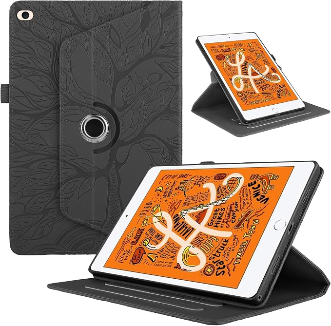 iPad Mini 5 Rotating Case iPad Mini 1/2/3/4/5th Generation Case PU Leather Folio Stand Cover Flip Shell with Pen Holder for Apple iPad Mini 7.9 inch- Black