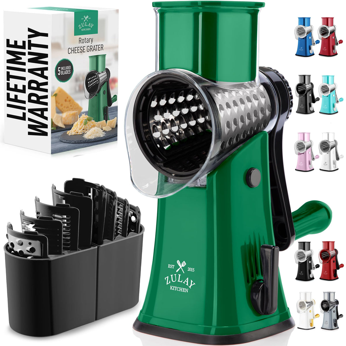 Zulay Kitchen Rotary Cheese Grater 5 Blade Cheese Shredder - Manual Hand Crank Cheese Grater With Reinforced Suction & 5 Interchangeable Drums - Easy to Use, Vegetable Chopper Round Mandoline Slicer