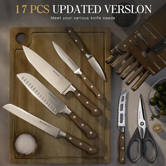 Astercook 17-Piece Knife Block Set with Built-in Sharpener, German Stainless Steel Full Tang Kitchen Knives, Ergonomic Walnut Handle Cutlery Set for Home Cooking & fathers day gift for Dad
