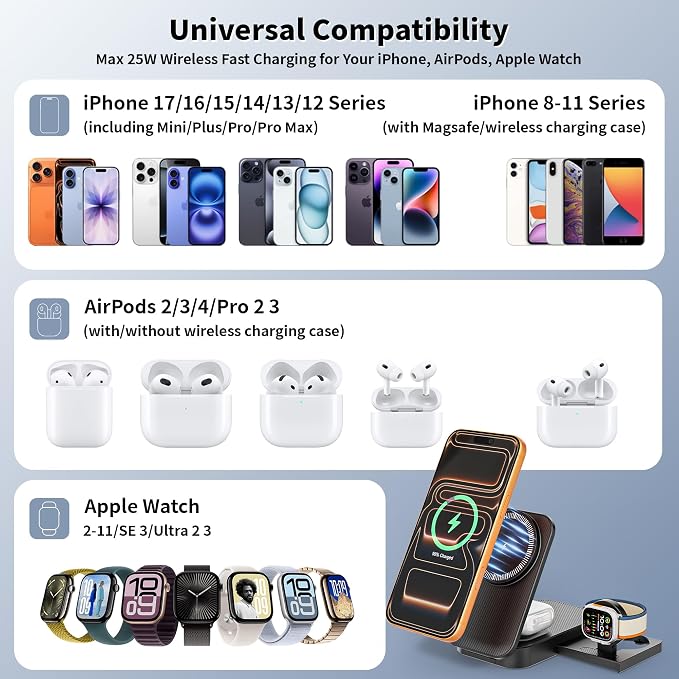 3 in 1 Wireless Charger Stand 25W Foldable Wireless Charging Station for Apple Multiple Devices Fast Magnetic Charger with 6FT USB C Cable for iPhone 17 16 15 14 13 12 Series/Apple Watch/AirPods Pro