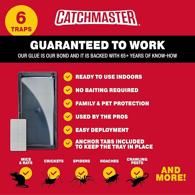 Catchmaster Rat & Mouse Glue Traps with Sticky Putty 6Pk, Large Bulk Glue Board, Rat & Mouse Traps Indoor for Home, Adhesive Plastic Tray for Snakes, Mice & Spiders, Pest Control for House & Garage