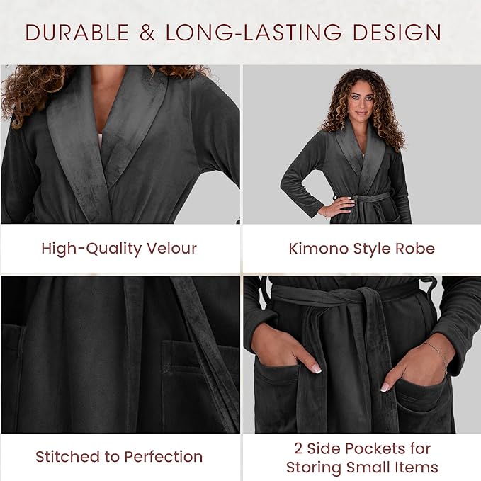 Be Relax Terry Velour Robe - Made of Polyester, Shawl Collar Robe with Belt & Side Pockets, Soft & Warm Bathrobe for Women
