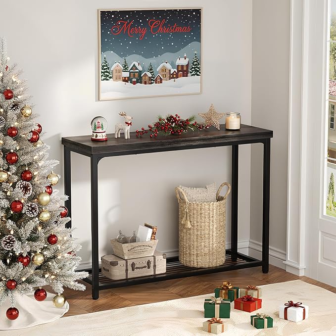 32" Small Console Table, 2-Tier Narrow Entryway Table, Sofa Table with Mesh Shelves, Console Tables for Living Room, Hallway, Entryway, Farmhouse Console Table with Storage, Oak Grey