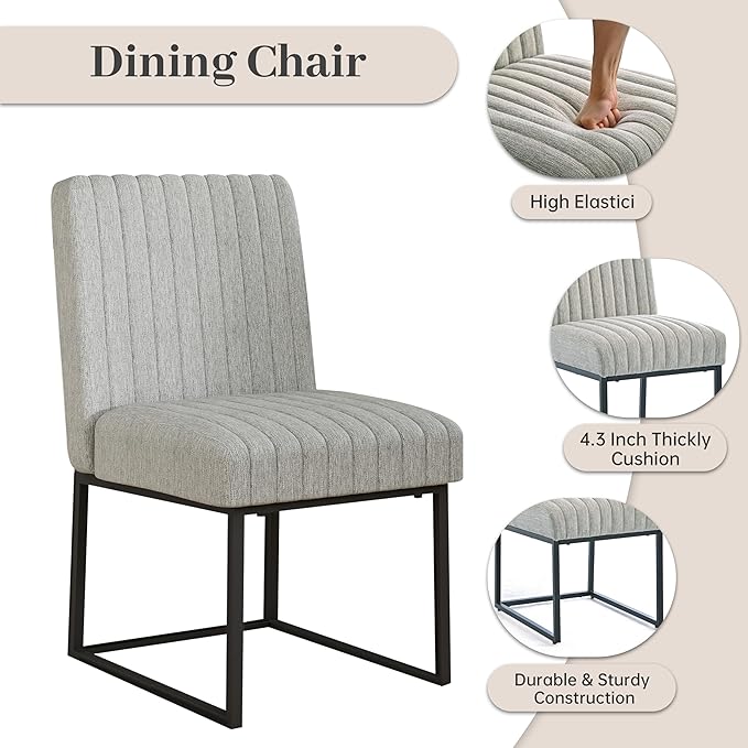 VKNOW Upholstered Dining Chairs Set of 4, Modern Dining Room Chairs with Stripe, Linen Kitchen Chair Dinner Chair with Black Metal Base for Kitchen Office, Light Grey