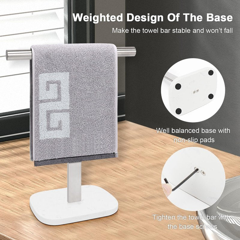 NearMoon T-Shape Hand Towel Holder-Bath Towel Rack-Standing with Balanced Base Towel Bar for Bathroom Kitchen Vanity Countertop, Modern Stand Towel Ring with Marble Base (14 Inch, Brushed Nickel)