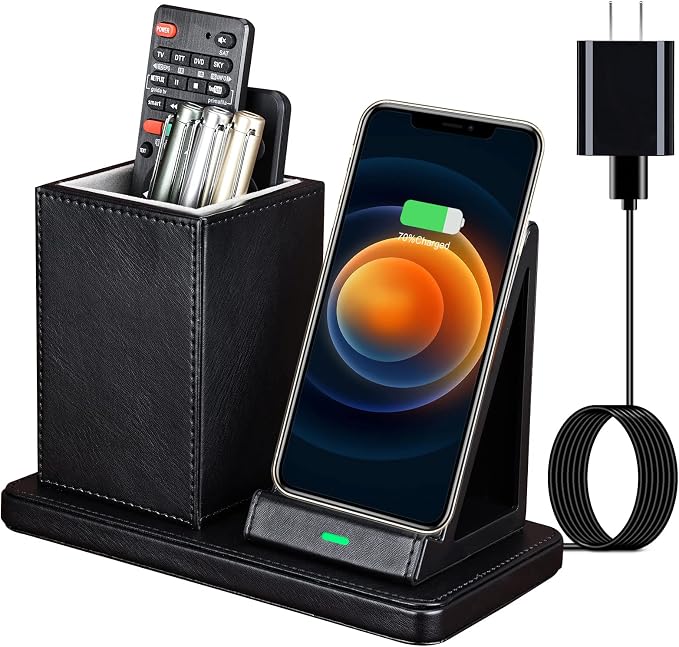 Wireless Charger with Desk Organizer Wireless Charging Station for iPhone 13/13 Pro Max/13 Pro/12 Series/11/XS Max/XR/X/8Plus/SE 2 Wireless Charging Stand with Leather… (Black)