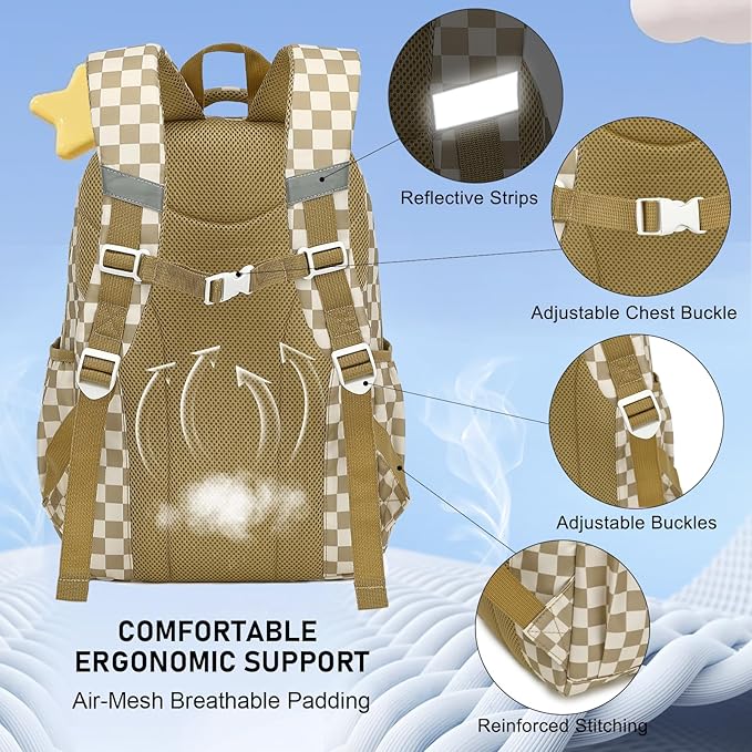 Girls School Backpack Set - Teens Kids School Bag Bookbag with Lunch Box Pencil Case for Elementary Middle School (Checkered Khaki)