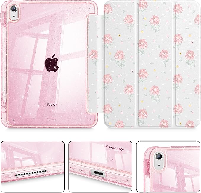for iPad Air 11 inch M4/M3/M2 (2026/2025/2024) iPad Air 5th/4th Gen (2022/2020) 10.9 inch with Pencil Holder Glitter Clear Pretevtive Cover Auto Wake/Sleep Black Cartoon Stickers