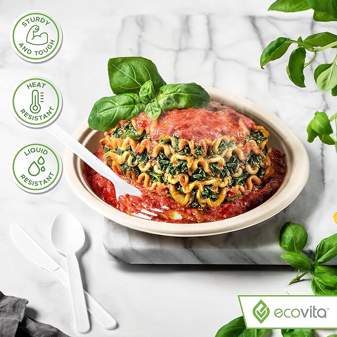 Ecovita 100% Compostable Forks - 500 Large Disposable Utensils (7 in.) Bulk Size Eco Friendly Durable and Heat Resistant Alternative to Plastic Forks with Convenient Tray