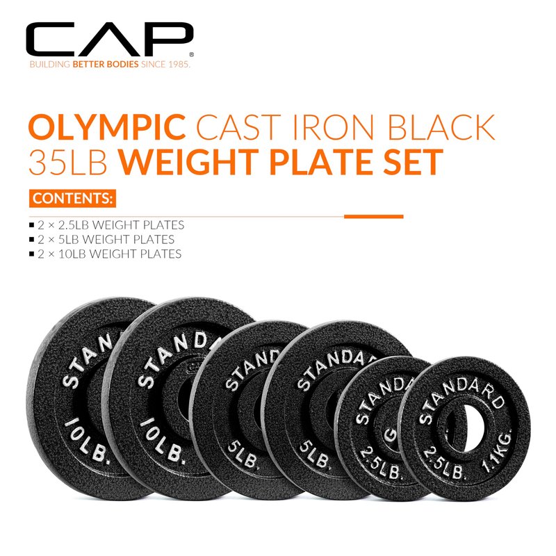 CAP Barbell Cast Iron Olympic Black Weight Plate, Set 2.5 lb x2, 5 lb x2 lb, 10 lb x2