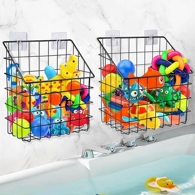 2 Pack Bath Toy Storage Organizer Basket, Large Metal Bathtub Toy Holder, Wall Mounted Hanging Shower Basket, Bath Toy Organizer For Bathtub for Easy Access and Sorting Toys/Clothes/Toiletries