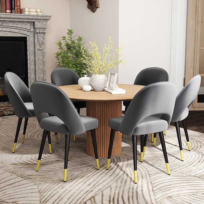 DUOMAY Modern Dining Chair Set of 6 with Open Back, Velvet Upholstered Armless Chair with Metal Frame Side Chair for Kitchen Dining Room Living Room, Grey