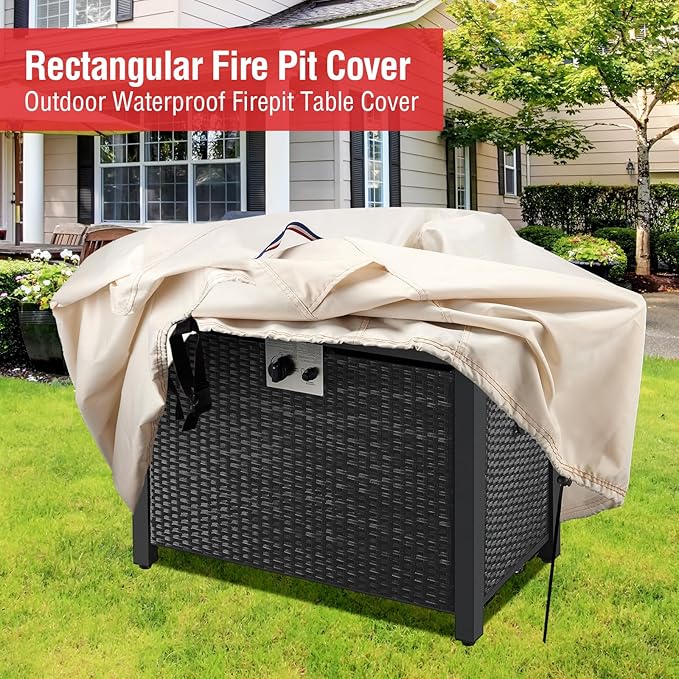 Youlvy Fire Pit Cover Rectangular 50 Inch - Waterproof Outdoor Fire Table Cover Rectangle Heavy Duty, 600D Patio Propane Gas Firepit Cover Rectangular Tear Weather Resistant - 50 x 26 x 18 Inch Beige