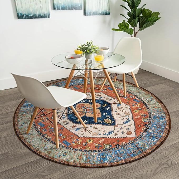 Lahome Boho Washable 5Ft Round Area Rug, Non-Slip Throw Untra-Thin Round Carpet, Oriental Vintage Distressed Circle Rug for Dining Living Room Bedroom Kitchen Office, 5x5/Rust